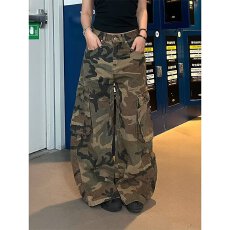 批发欧美复古迷彩高街宽松直筒大口袋潮牌百搭工装裤男女高腰显瘦裤子
