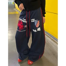 批发Musini美式复古字母印花刺绣宽松阔腿卫裤男女同款<b class='q'>百搭</b>显瘦长裤