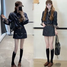 批发棋盘格vintage  袖子拼格子<b class='q'>牛仔</b><b class='q'>衬衫</b>➕裙子套装