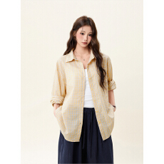 批发韩系黄色格子<b class='q'>衬衫</b>女春季2026落肩百搭<b class='q'>衬衣</b>宽松休闲格子文艺上衣