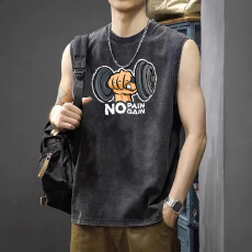 批发美式复古水洗做旧无袖<b class='q'>T</b><b class='q'>恤</b>男夏季宽松<b class='q'>大码</b>背心透气不闷汗印花<b class='q'>T</b><b class='q'>恤</b>
