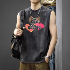 批发<b class='q'>大码</b>街头水洗做旧无袖<b class='q'>T</b><b class='q'>恤</b>男夏季宽松<b class='q'>大码</b>背心嘻哈风印花坎肩潮