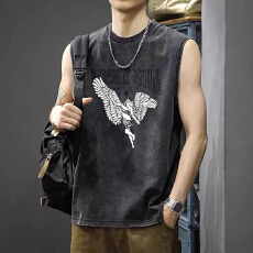 批发美式复古做旧水洗街头字母logo印花背心男宽松百搭夏季外穿打底衫