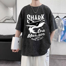 美式高街复古水洗做旧夏季男款带短袖T恤宽松休闲健身短袖