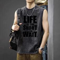 批发复古做旧水洗印花背心男美式休闲夏季宽松大码无袖<b class='q'>T</b><b class='q'>恤</b>潮流大码