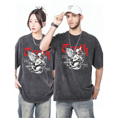 大码男装T恤男300斤男女同款加大美式天使印花做旧水洗纯棉T恤