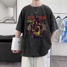 批发纯棉加大宽松做旧水洗男款GAMER复古印花T恤宽松显瘦不挑身材