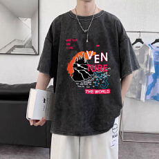 批发加大宽松纯棉男士印花短袖T恤透气吸汗舒适复古做旧水洗印花T恤