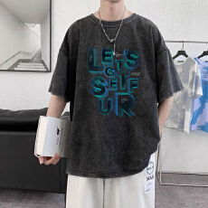 批发纯棉宽松加大印花做旧T恤男夏季宽松短袖<b class='q'>潮</b>流街头风立体印花T恤