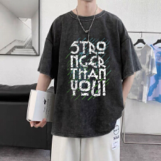 批发简约加大宽松做旧水洗印花纯棉大码T恤男款夏季宽松短袖T恤