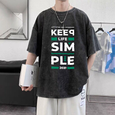 批发简约线条加大宽松水洗做旧印花纯棉加大男款印花T恤<b class='q'>潮</b>流街头简约