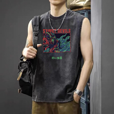 批发加大宽松纯棉男款T恤复古做旧印花背心男<b class='q'>夏季</b>重磅纯棉宽松无袖T恤