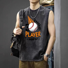 做旧水洗印花背心加大宽松男美式休闲夏季宽松大码无袖T恤外穿