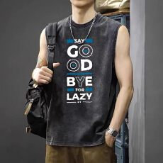 宽松加大印花水洗做旧无袖T恤男夏季宽松大码背心休闲上衣