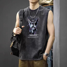 批发夏季薄款做旧水洗纯棉背心男宽松<b class='q'>大码</b>透气吸汗无袖<b class='q'>T</b><b class='q'>恤</b>外穿