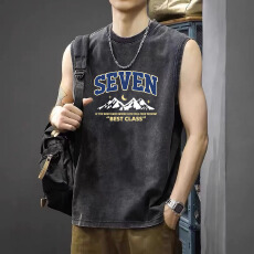 批发加大复古做旧水洗棉男士背心夏季运动透气吸汗宽松<b class='q'>大码</b>无袖上衣潮