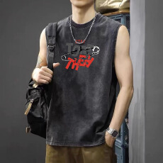 夏季印花薄款健身透气吸汗做旧水洗纯棉背心男宽松大码无袖T恤