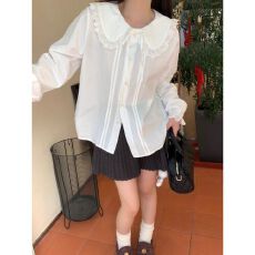 批发春秋<b class='q'>长袖</b>泡泡风上衣女法式复古蕾丝边娃娃领白色<b class='q'>衬衫</b>系带宽松<b class='q'>衬衣</b>