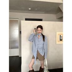 批发法式蓝色格子<b class='q'>长袖</b><b class='q'>衬衫</b>外套女早秋设计感系带<b class='q'>衬衣</b>宽松休闲气质上衣