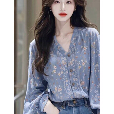 批发CTT春季新款绝美独特淑女宽松慵懒气质森系蓝色碎花长袖<b class='q'>衬衫</b>上衣