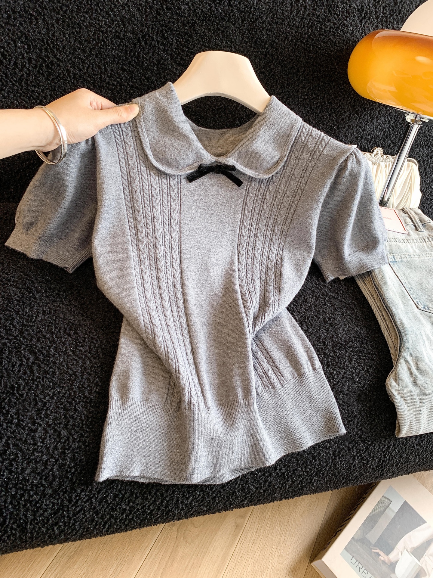 实拍~2026新款灰色娃娃领蝴蝶结针织短袖T恤掐腰别致小上衣女夏季
