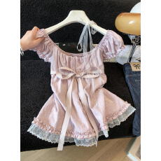 批发实拍~法式波点方领蕾丝收腰泡泡袖T恤女夏甜妹宽松减龄配飘带上衣