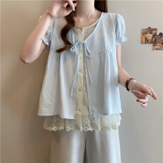 批发实拍~胖MM2026夏季新款波点<b class='q'>假两件</b>蝴蝶结绑带短袖<b class='q'>衬衫</b>