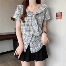 批发实拍~<b class='q'>格子</b>正肩短袖衬<b class='q'>衫</b>修身短款不规则斜肩小<b class='q'>衫</b>衬<b class='q'>衣</b>蝴蝶结上衣