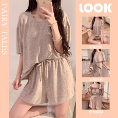 批发自带胸垫居家服女<b class='q'>夏季</b>短袖短裤两件套 宽松慵懒风可外穿<b class='q'>睡衣</b>套装