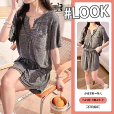 批发自带胸垫居家服女<b class='q'>夏季</b>短袖短裤两件套 宽松慵懒风可外穿<b class='q'>睡衣</b>套装