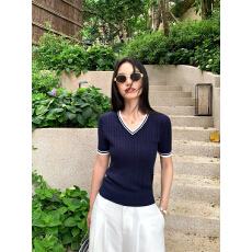 批发复古撞色V领麻花短袖女夏季针织衫短款上衣