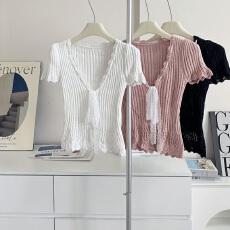 批发2026年夏季新款法式温柔甜美减龄蕾丝系带镂空V领针织衫女