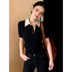 批发 复古POLO领麻花短袖冰丝针织衫正肩修身上衣