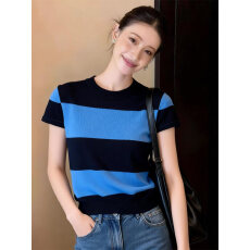 批发早春韩系气质女士独特漂亮上衣巨好看蓝色条纹针织冰丝短袖夏