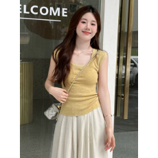 批发方领无袖女2026新款夏季修身显瘦遮肉背心体恤别致绝美小上衣