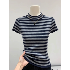 批发小立领针织条纹短袖冰丝女装夏季2026新款修身高级感欧货半袖上衣