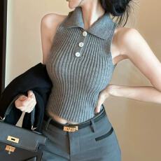 批发2026学院风polo领女夏款短款针织小个子背心