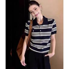 批发初夏独特绝美复古风条纹polo领短袖针织衫冰丝上衣