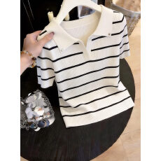 2026韩版时尚条纹Polo领针织短袖女夏季显瘦修身上衣