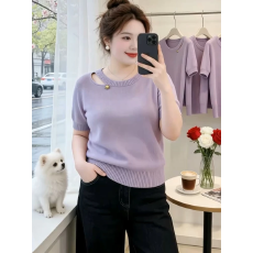 批发韩系<b class='q'>时尚</b>减龄镂空圆领针织衫女夏季<b class='q'>大码</b>2026显瘦宽松漂亮短袖上衣