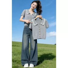 批发韩版蕾丝花边纽扣翻领短袖针织衫女2026夏季新款气质显瘦百搭上衣