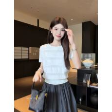 批发【ZIYI】白色短袖针织衫<b class='q'>女</b>新款水波纹时尚百搭圆领<b class='q'>上衣</b>ZZ-0178