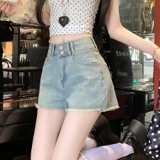 批发2026夏季新款浅色辣妹牛仔短裤女设计感毛边A字休闲热裤