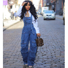 批发<b class='q'>欧美</b>女式宽松牛仔吊带裤亚马逊跨境女装春季街头时尚多口袋<b class='q'>连体裤</b>