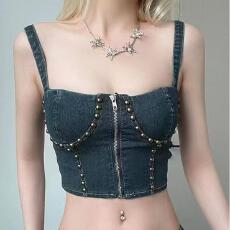 批发欧美个性时尚潮流辣妹抹胸短款拉链开衫柳钉装饰外穿牛仔背心上衣