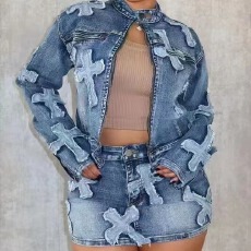 批发2026欧美女装秋季<b class='q'>时尚</b>精品牛仔牛仔裤设计师两件套裙子和夹克套装