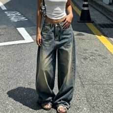 批发跨境爆款 Tiktok 亚马逊 TEMU希音 女士弹力阔腿直筒修身牛仔裤