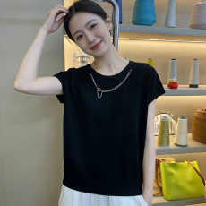 批发气质坎肩冰丝针织衫夏季欧货气质时尚休闲百搭拼色套头圆领t恤女