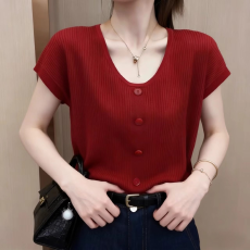 批发时尚复古U领短袖T恤针织衫女2026夏季新款洋气小个子<b class='q'>轻熟</b>风上衣
