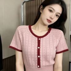 批发<b class='q'>韩版</b>复古圆领短袖花朵纽扣撞色镂空针织衬衫族风独特绝美针织上衣